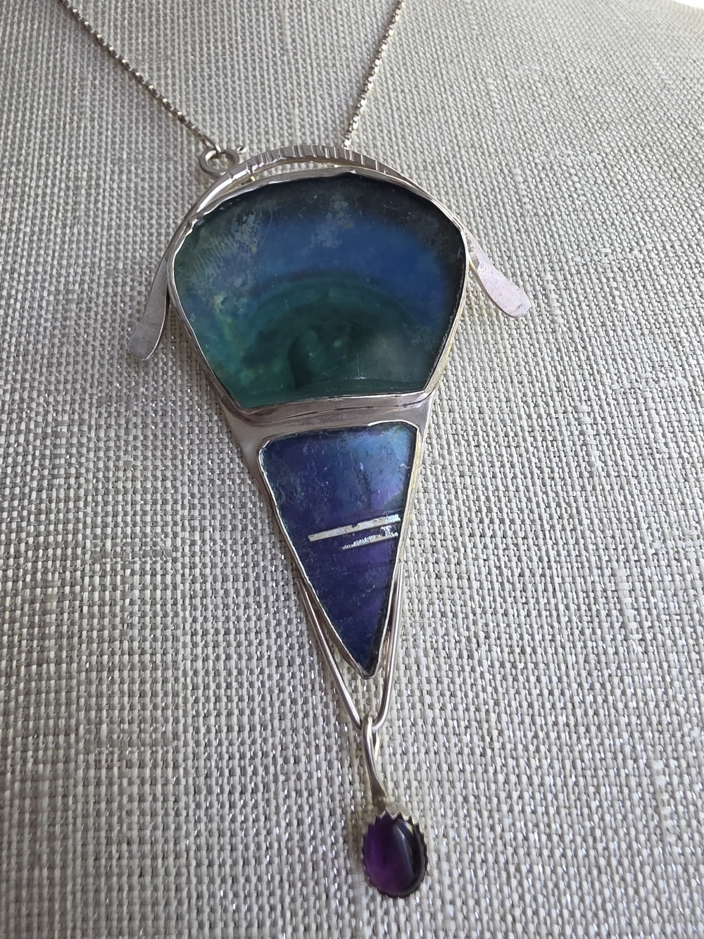 Vintage Jackie Cohen Signed 925 Ancient Roman Glass & Amethyst Pendant Brooch - Picture 6 of 10